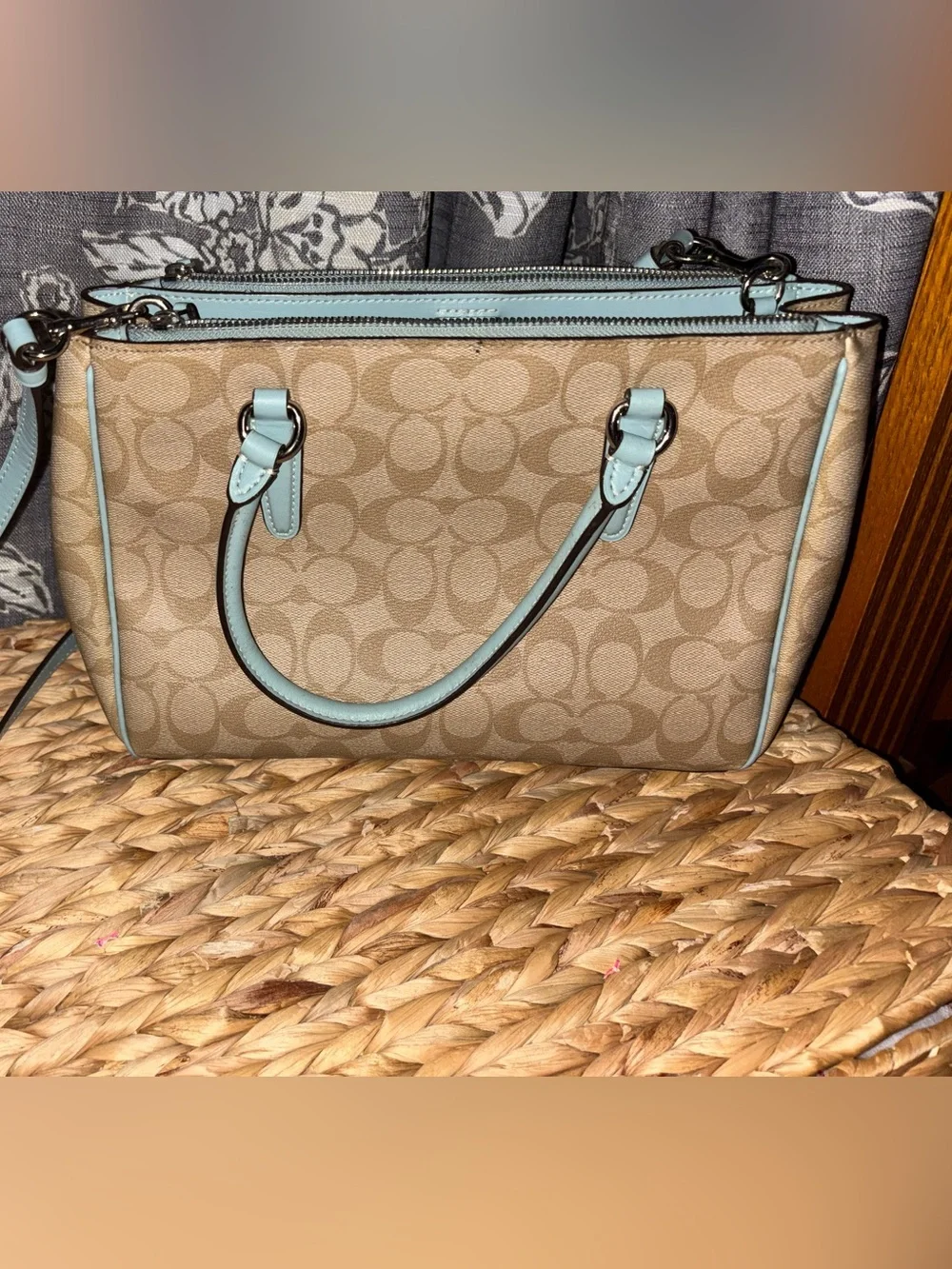 Coach Beige Signature Satchel with Light Blue Trim